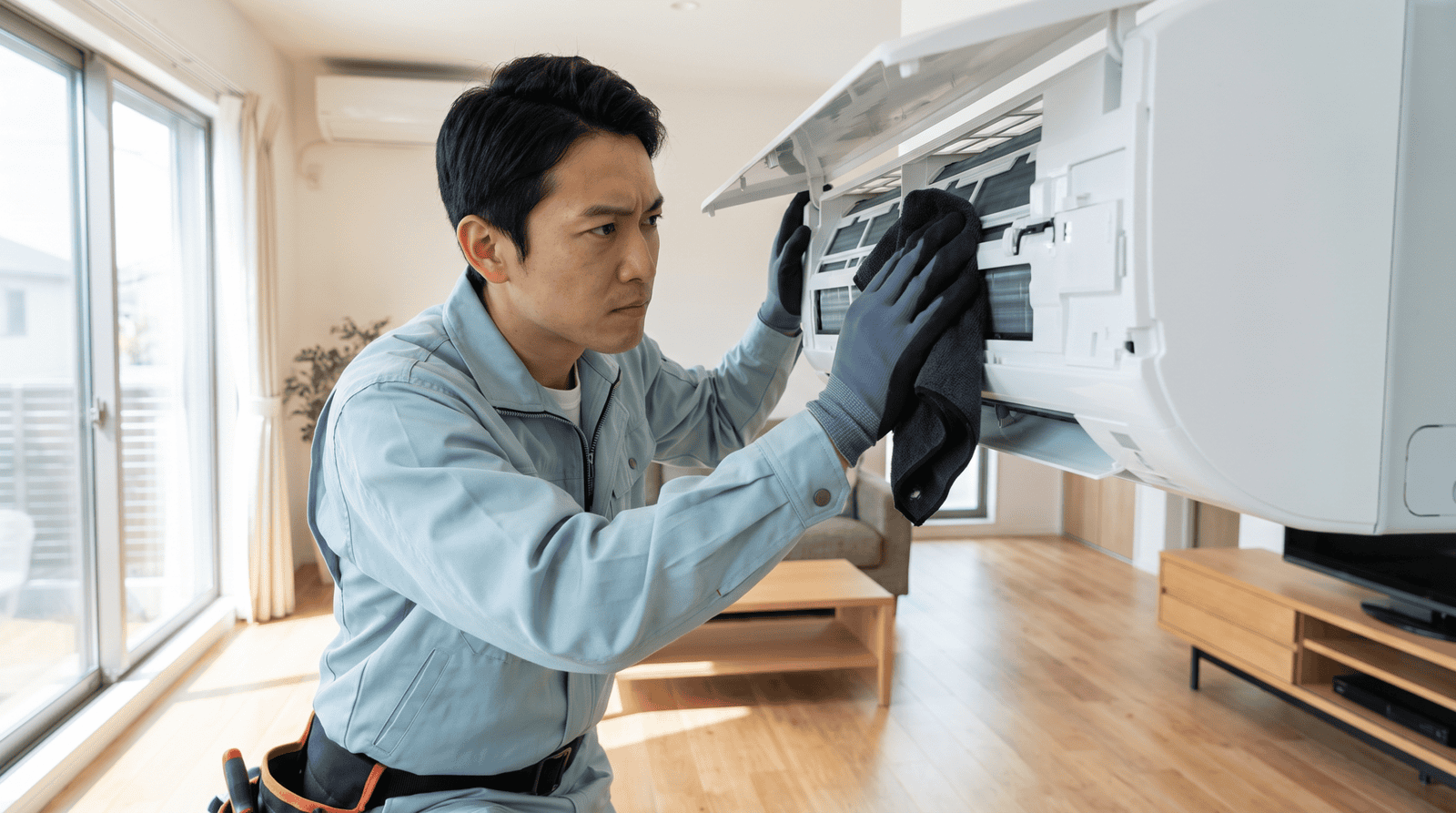 Technicien nettoyant un climatiseur mural blanc AUX