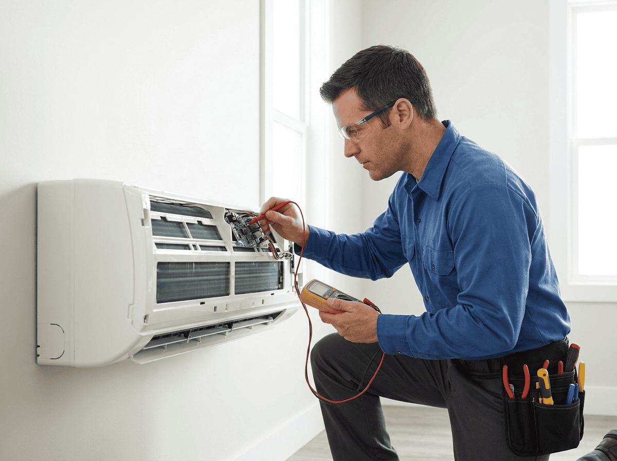 Technicien réparant un climatiseur avec un multimètre