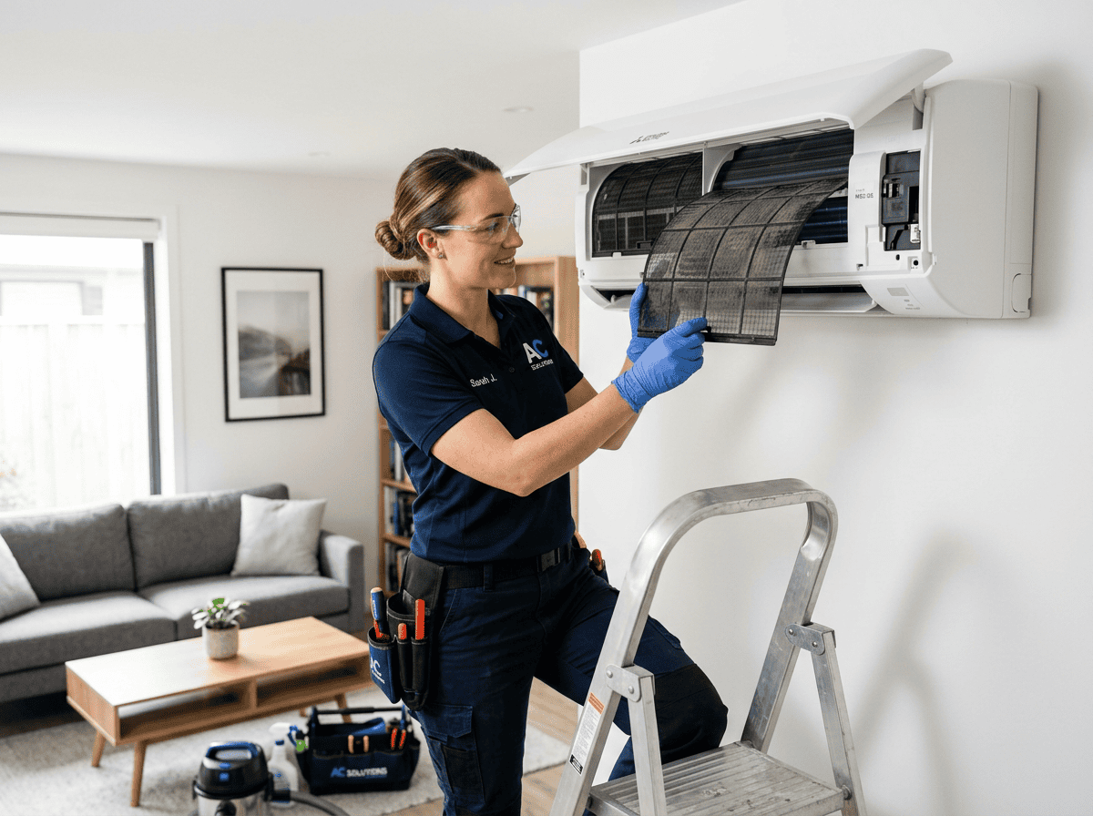 Technicien nettoyant le filtre d'un climatiseur mural