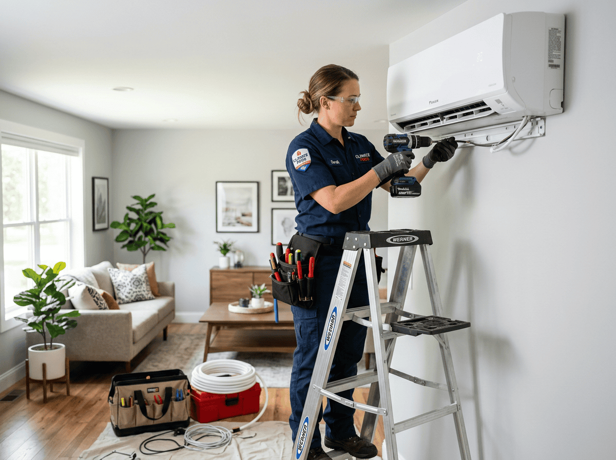 Technicien installant un climatiseur mural