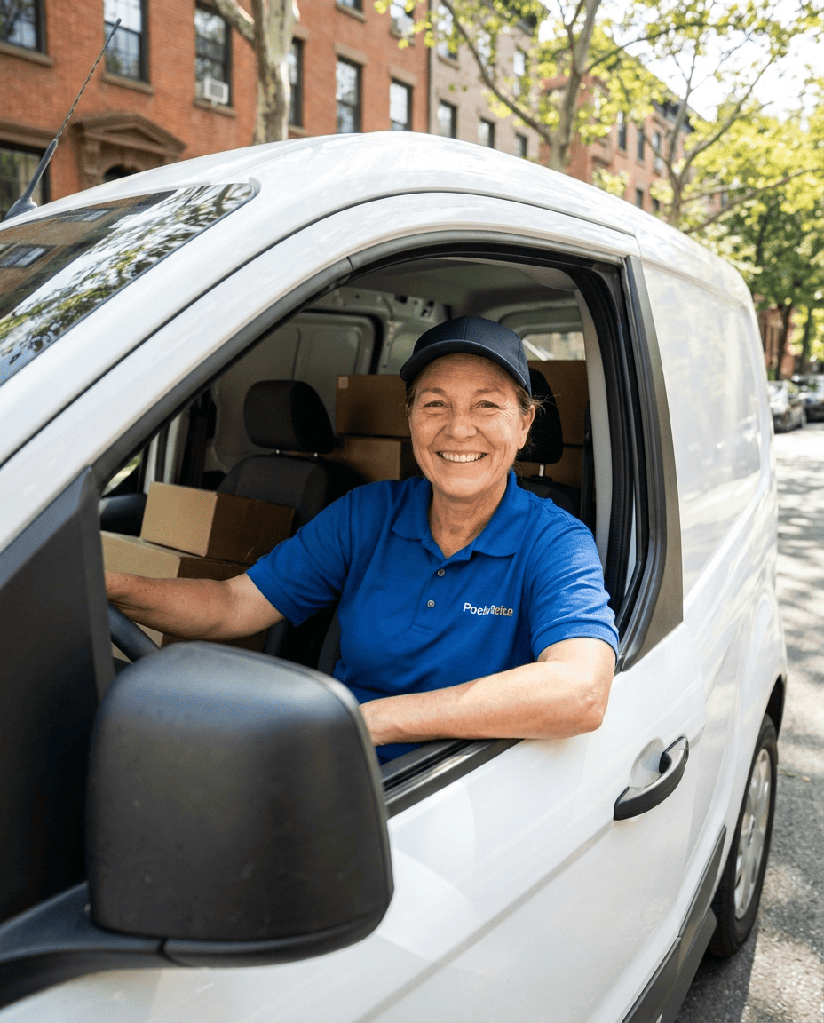 Livreuse souriante dans son camion de livraison